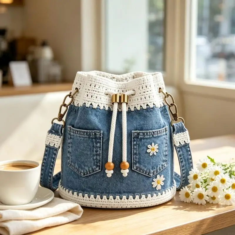 Soft Crossbody Bag with Crochet Detail Handbag for Shopping and Daily Carry 6XDA