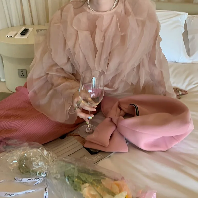 

Ele Petal Design Chiffon irt Spring 2025 Faion Sensation Sweet Youthful Romantic Personali Top Women's Lace irt