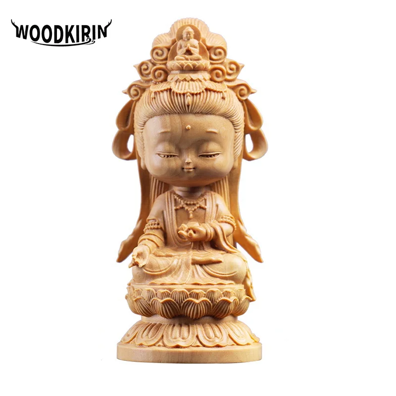 New Woodcarving Cartoon Guanyin Statue  Hand Carving Solid Wood Buddhist Feng Shui Guanyin Home Decoration Accessories Statue