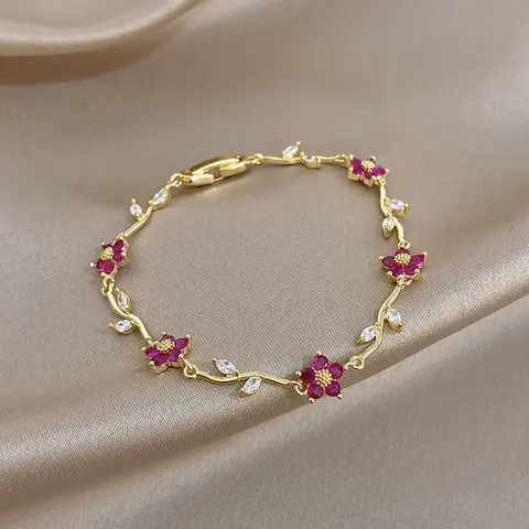Greatera Five Red Pink Little Flowers Rhinestone Leaves Shape Bracelet Temperament Light Luxury Copper Plated Gold Women Bangle
