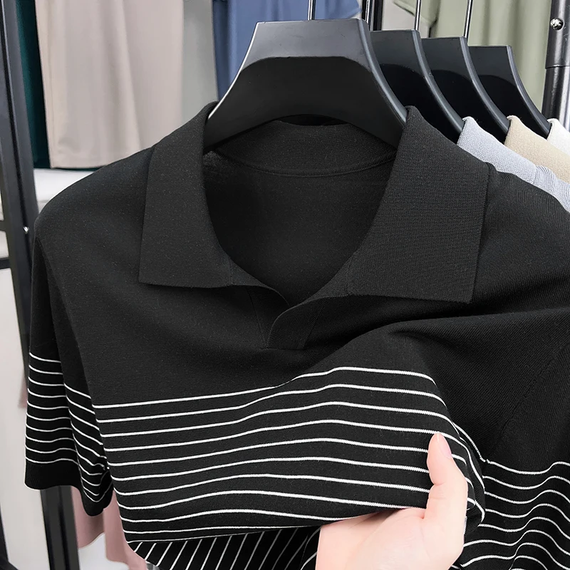 الرجال تنفس ليوسيل القمم 2025 الصيف الكلاسيكية مخطط الحرير القطن تريكو قصيرة الأكمام الذكور رفض طوق متماسكة تي شيرت