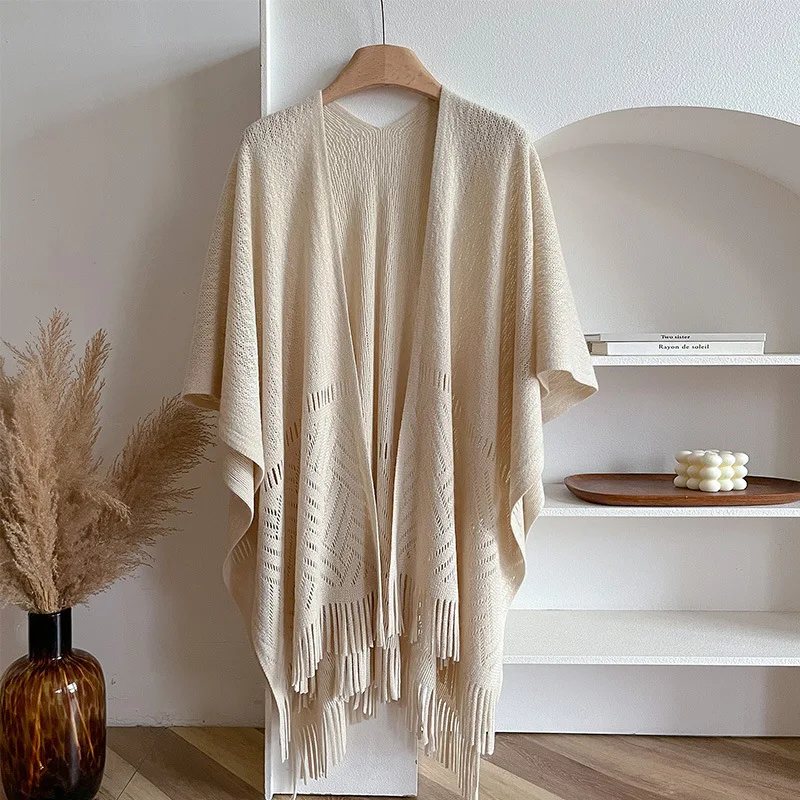 Elegant Hollow Out Knitted Poncho Shawl With Tassel Fringe Women Lightweight Open Front Knit Wrap Cape For Office Dating Daily