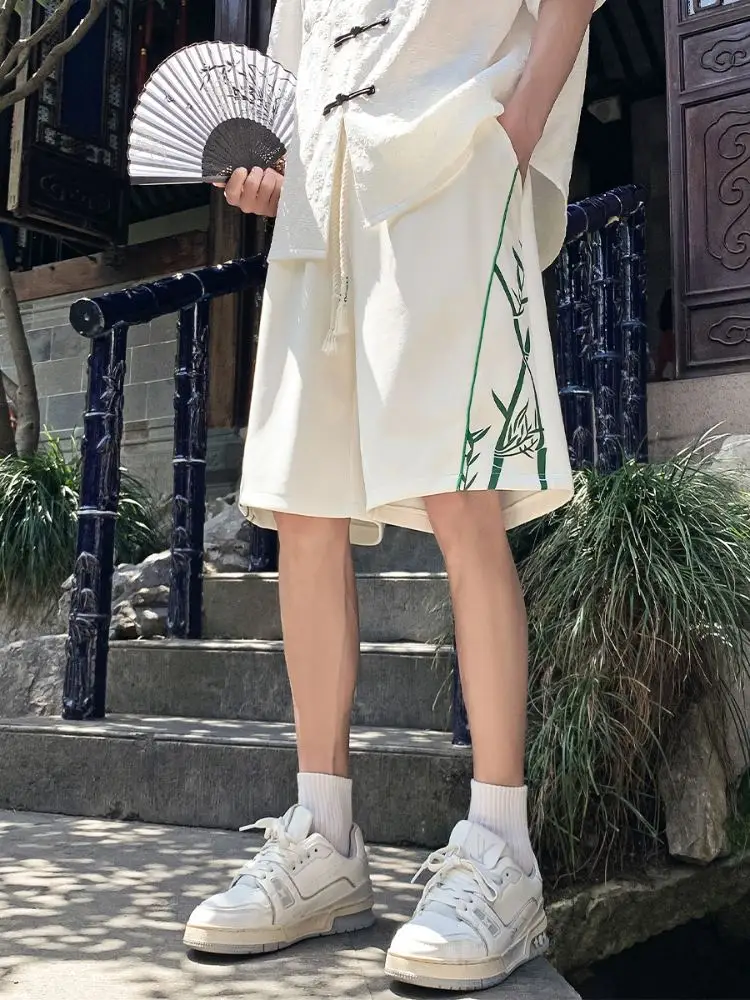 

New Chinese Sle Ice Silk orts Men Summer Bamboo Print Loose Fit Thin Casual Mid-Length Pants Breathable Comfortable Loose