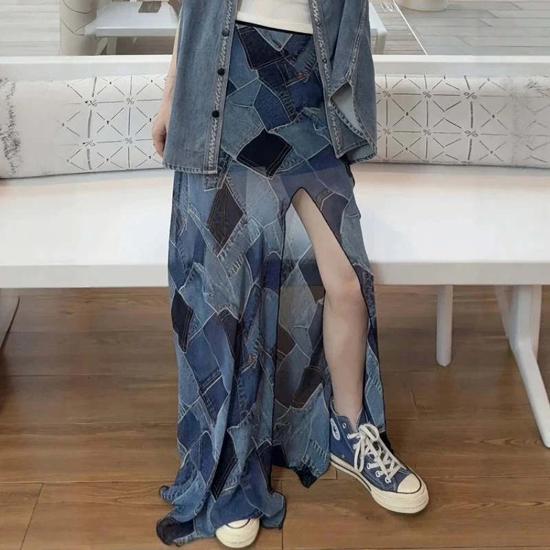High Waist Denim Patchwork Maxi, Skirt Women Summer A Line, Split Long Skirt Vintage Loose, Slim Streetwear Casual Jupe