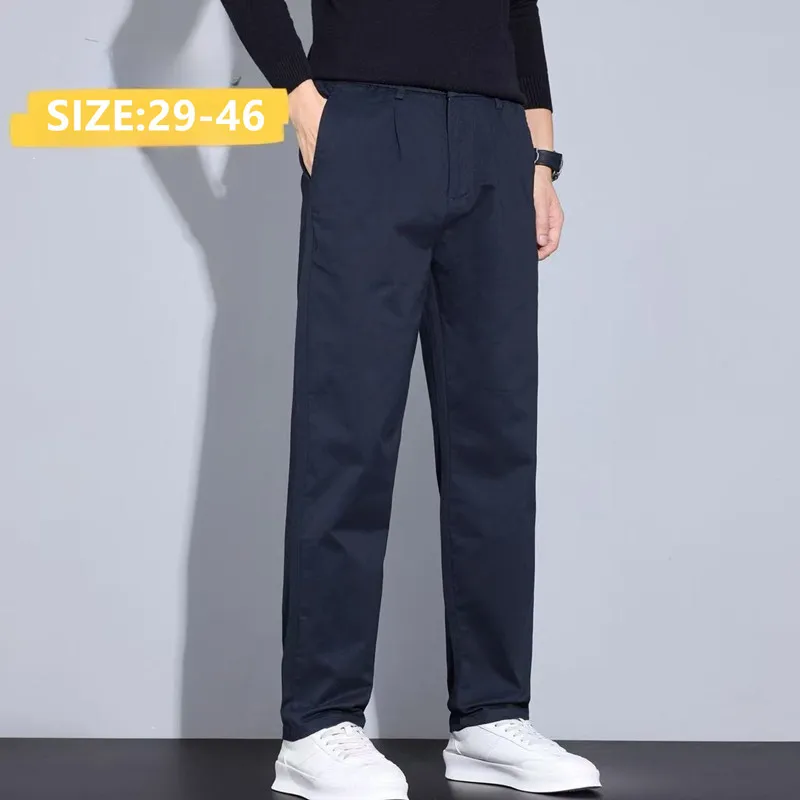 

Men Casual Pants Straight Plus Size 42 44 46 Loose Royal Blue Black Khaki Big Stretched 97% Cotton Elastic Male Thick Trousers