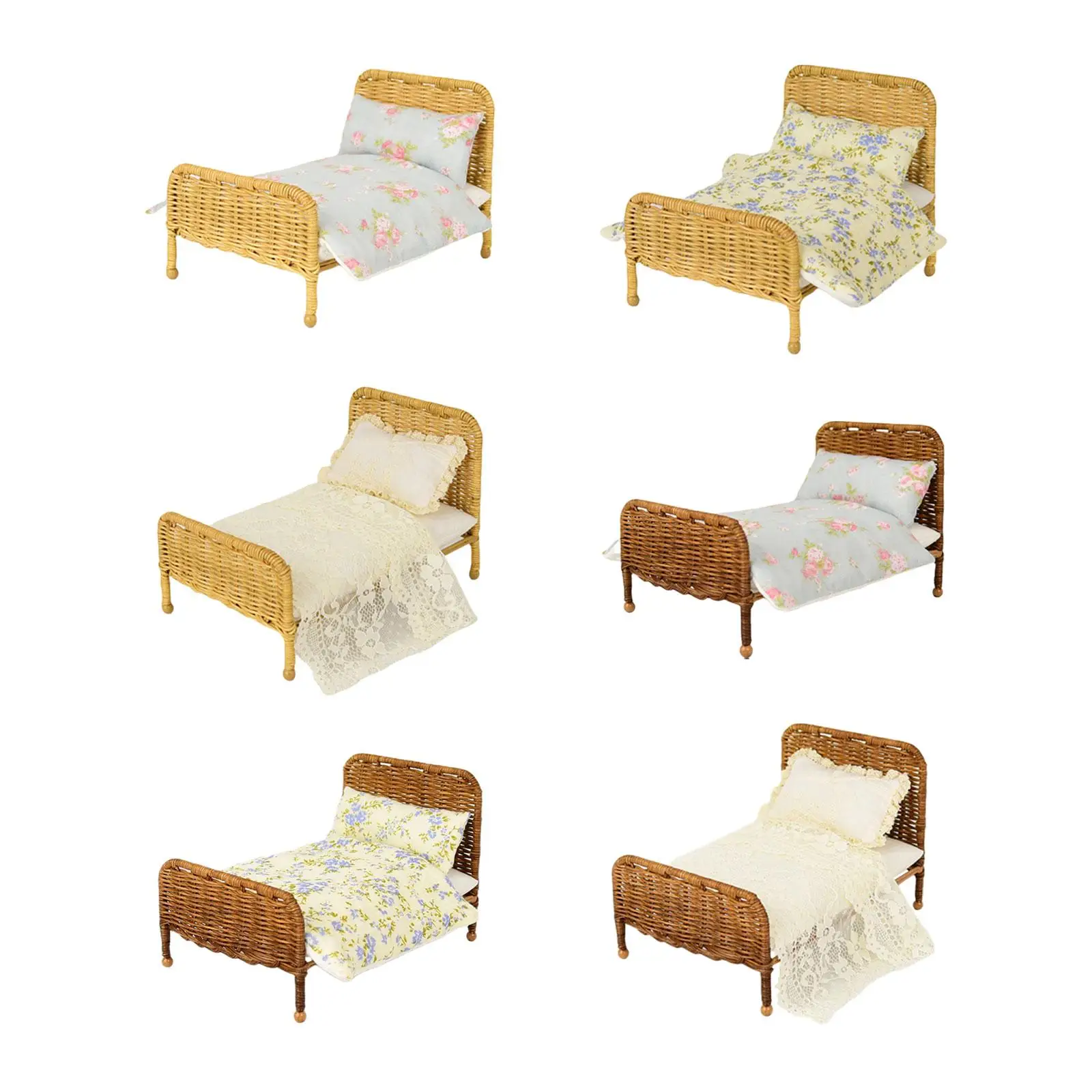 

Миниатюрная кровать для кукольного домика Ratten, декоративная мебель для кукольного домика в масштабе 1/6, тканая для диорамы