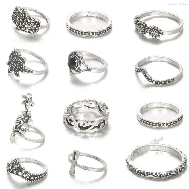 12pcs/set Bohemian Rings for Women Antique Silver Color Ring Boho Indian Jewelry Vintage Midi Knuckle Ring Finger Bijoux Femme