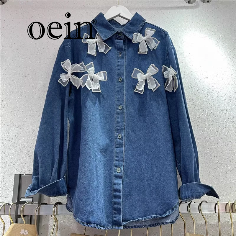 

[oein] Feng 2024 Autumn New Heavy Industry 3D Bow Decoration Feel Loose And Versatile Women's Denim Shirt