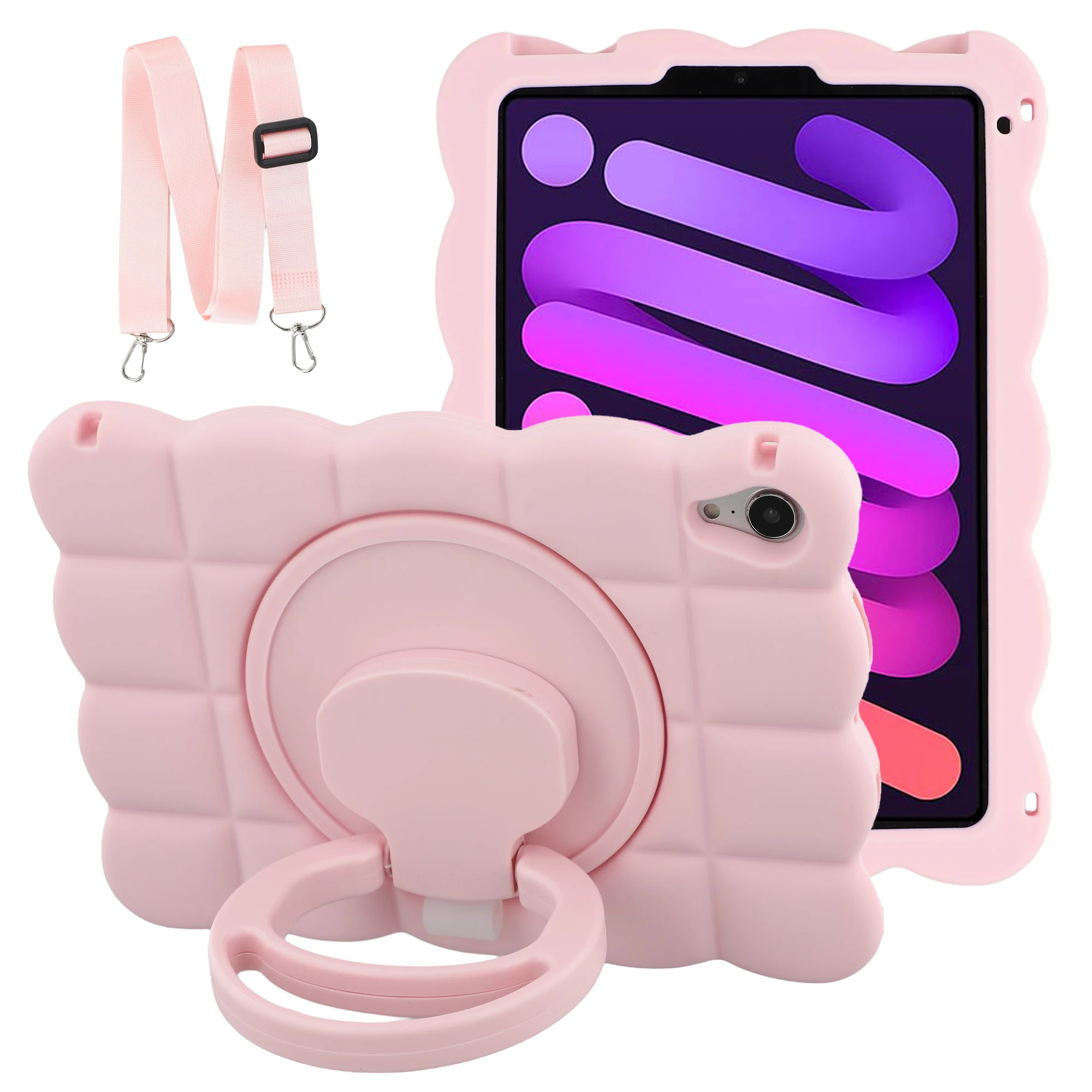 For iPad mini (2024) / (2021) Case Rotating Kickstand Square Texture Silicone Tablet Cover with Shoulder Strap - Pink