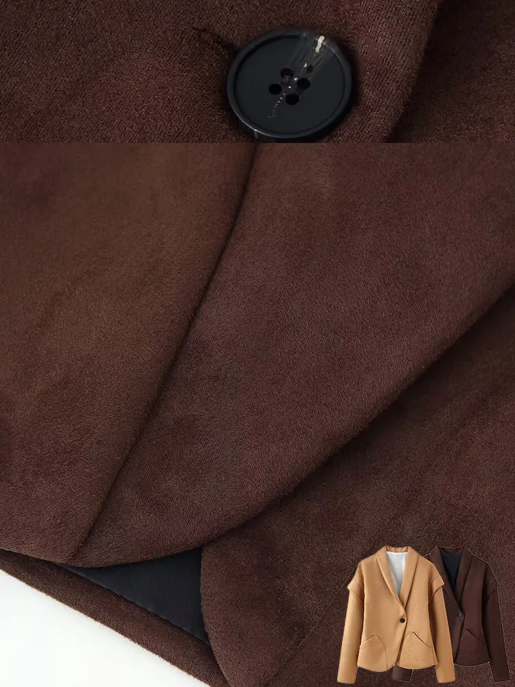 HH Woman's Autumn Vintage V-neck Suede Single-button Blazer Female High-end Long Sleeve Pocket Decoration Slim Casual Jacket