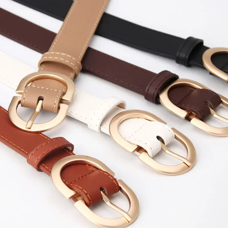 New Thin Female Circle Buckles Belt Deduction Side Gold Buckle Jeans Women Girls Ring Buckle Leather Waist Belt