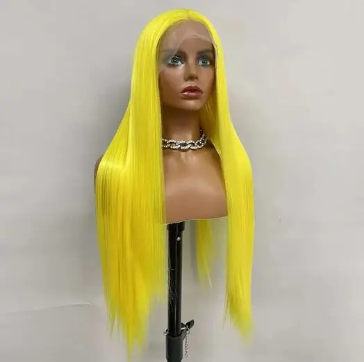 Silky Straight Yellow Color Heat Resistant Fiber Lace Front Wigs Colored Synthetic Glueless Lace Wigs Glueless Bone Straight Wig