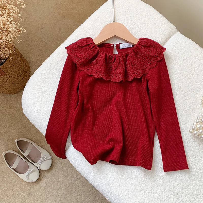 Girls Doll Collar Ruffle Bottoming Shirt for Children's Autumn Clothes 2025 New Baby Kids Long-sleeved Solid Color T-shirt Tops
