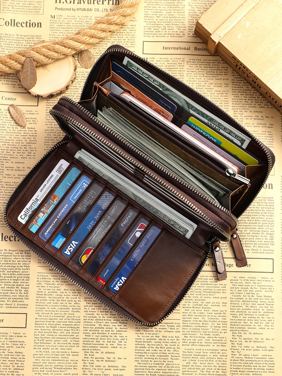 Fashion Luxury Genuine Leather Men\'s Wallet Clutch Bag Card Holder Long Wallets Double Zipper Large Capacity Vintage Male Purses