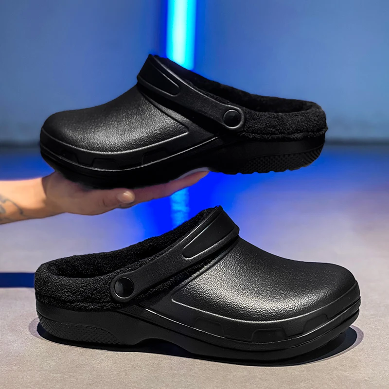 2026 Winter Men Women EVA Chef Shoes Garden Clogs Non-slip Waterproof Oil-proof Shoes Plush Slippers Outdoor Warm Furry Shoes