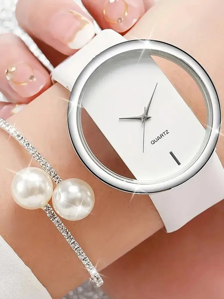 2pcs Fashionable, Minimalist, and Versatile WOMEN'S Belt Quartz Watch with Pearl Studded Diamond Bracelet Set