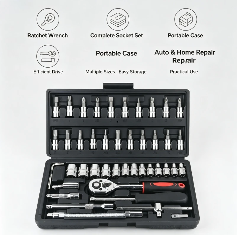 46‑Pcs Auto Maintenance Ratchet Wrench Toolbox Household Vehicle‑Mounted Socket Repair Set Multi‑Purpose Hand Tools Repair Work