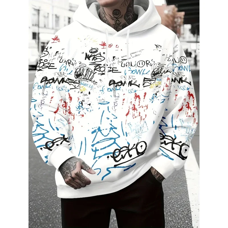 Fashionable men's autumn personalized letter graffiti print soft and comfortable hooded sweatshirt outdoor urban high street to