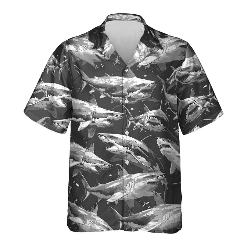 Horror Shark 3D Printed Shirts For Men Clothes Vintage Hip Hop Male Streetwear Funny Animal Short Sleeve Sea Animal Lapel Blouse