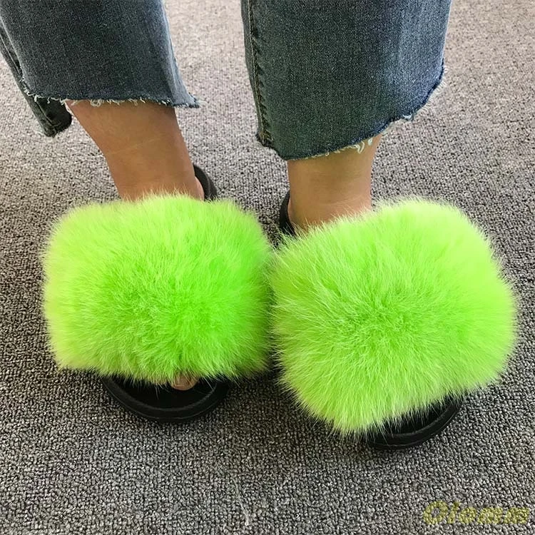 Women\'s Summer Flat Slippers Genuine Fox Fur Slippers Women\'s Thick Hair Slippers Non-slip Indoor Slippers Silver Sole