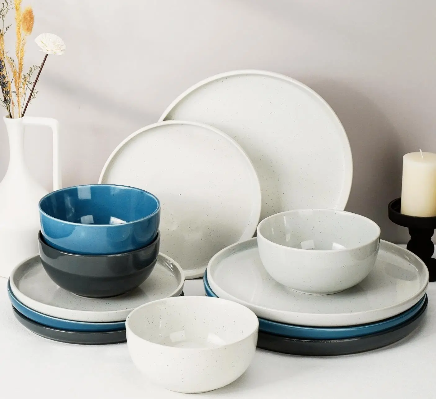 

Kitchen Plates and Bowls Set Dinner Set for 4 Handpainted Dinner ware Sets, Microwave Safe Plates and Bowls Sets Stone P