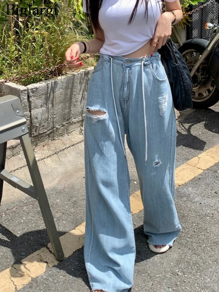 

Jeans Summer High Waist Long Pant Women Hole Irregular Fashion Loose Ladies Trousers Wide Leg Korean Style Pleated Woman Pants