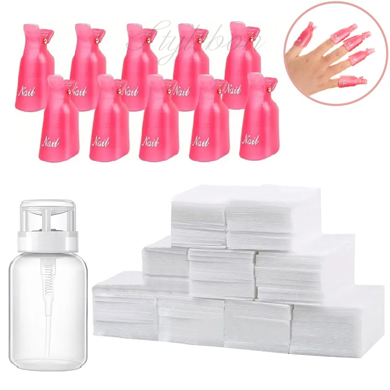 Nail Polish Gel Remover Kit with Soak Off Clips 200ml Remover Bottle Remover Pads Manicure Set Kit Profesional Nail Art