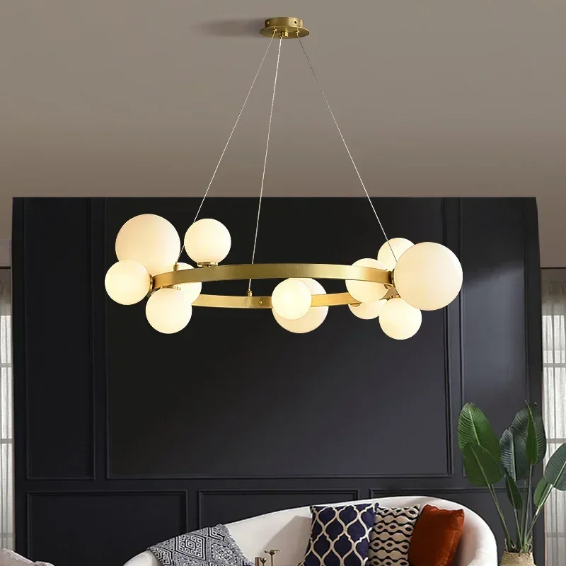 Moden Simple Gold Ring-shaped LED Chandelier White Glass Ball Pendant Light Living Room Bedroom Restaurant Kitchen Hanging Lamp