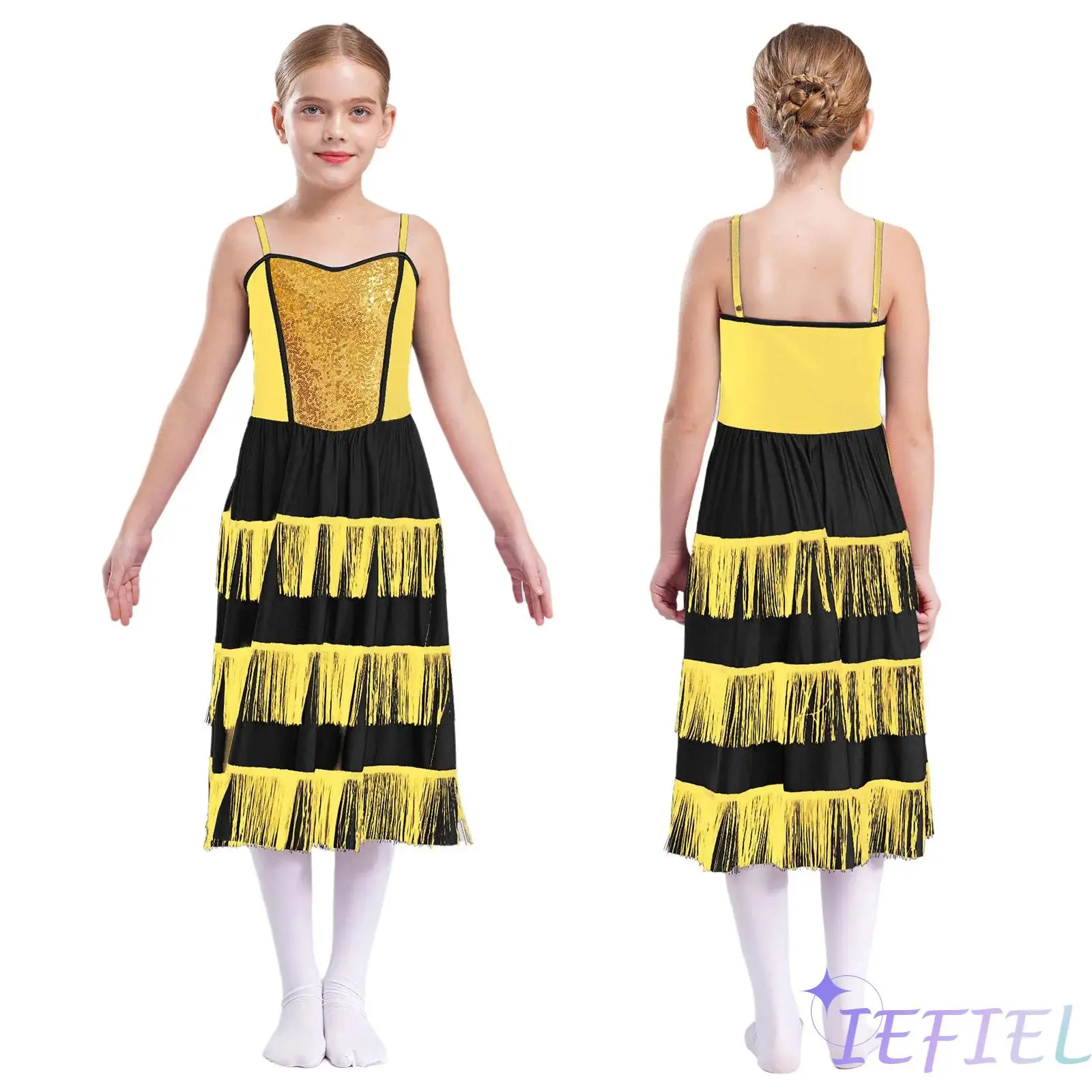 

Girls Flamenco Dance Dress Spain Traditional Stage Performance Costume Adjustable Straps Shiny Sequins Tiered Tassels Dress