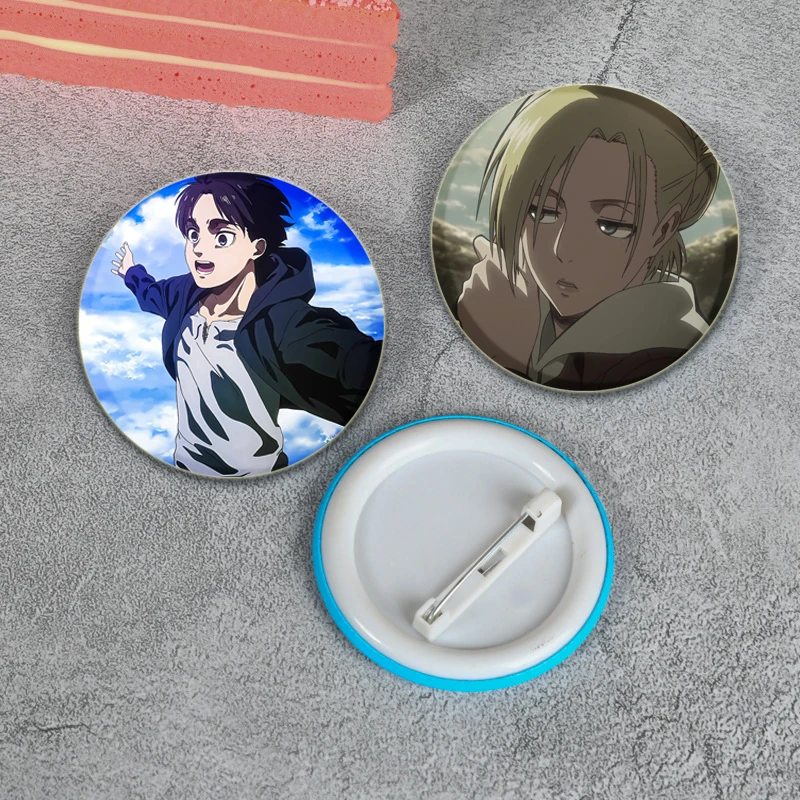 58mm Anime Tinplate Pins Character Eren Yeager/Mikasa Ackerman/Armin Arlert Badge Handmade Brooches for Backpack Clothes Decor