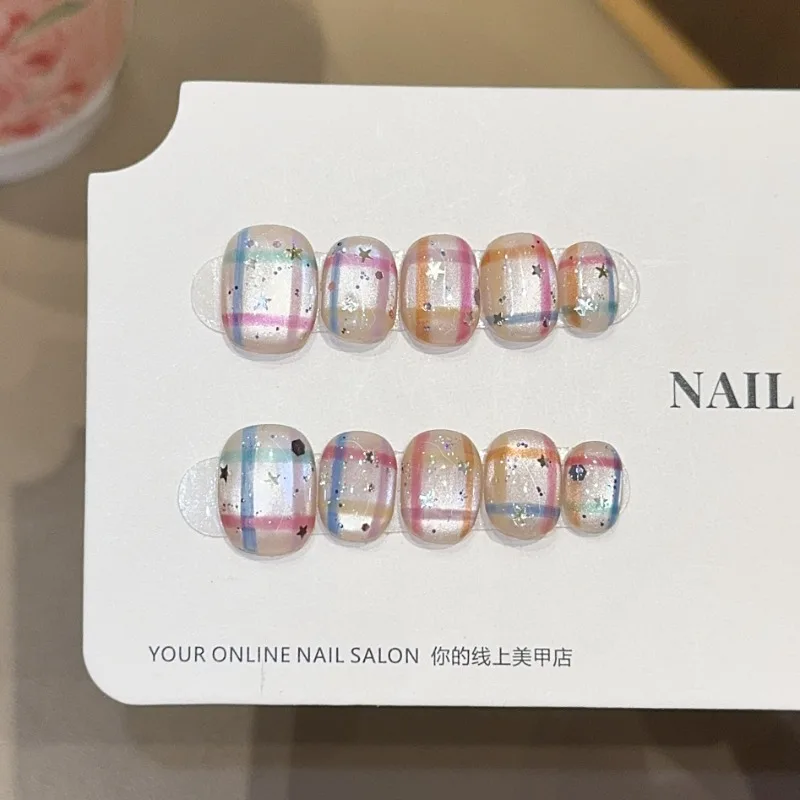 

10 Pieces Summer Starry Sky Retro Cute Handmade Press On Nails Rainbow Plaid Cat Eye Short Fake Nails Removable Reusable