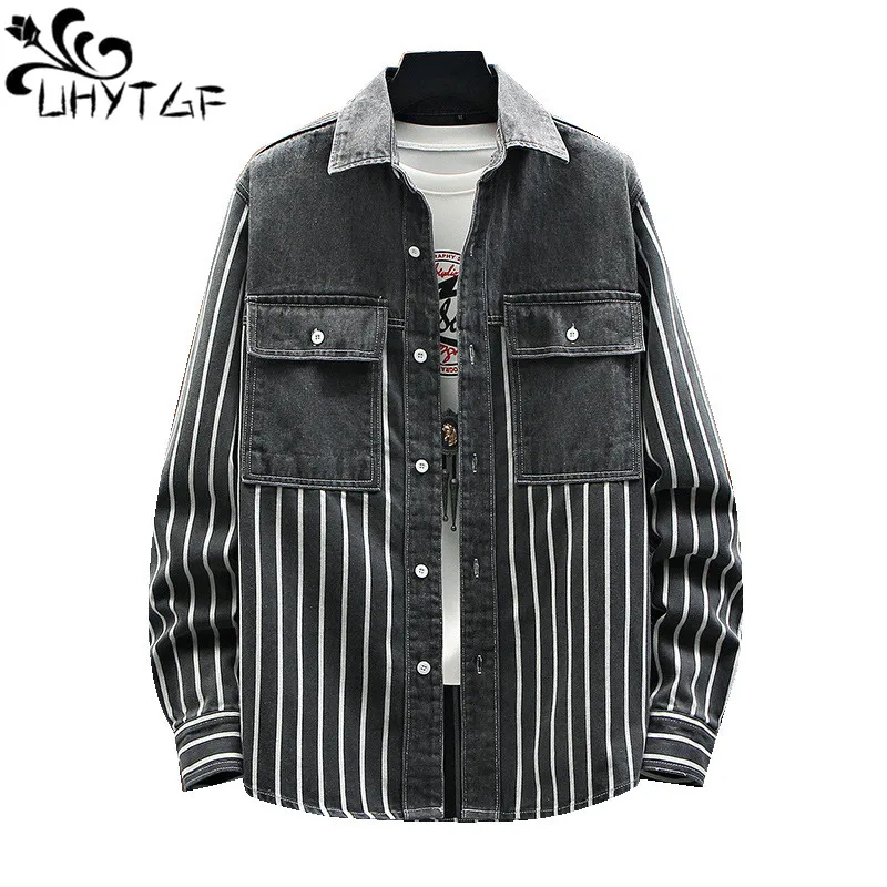 

UHYTGF Fashion Youth Denim Shirt Men's Long Sleeve Stripes Casual Spring Autumn Jeans Blouses Men Student Tops Male Clothing 296