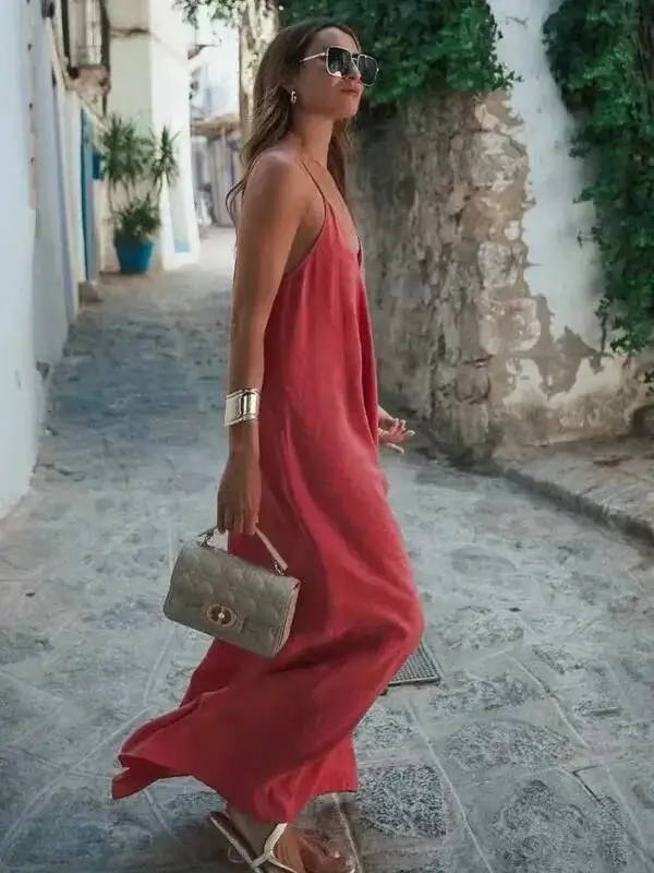 فستان نسائي صيفي فضفاض فساتين نسائية فضفاضة بدون أكمام وأشرطة رفيعة فساتين سوداء طويلة بدون ظهر فساتين عطلة الشاطئ E96H