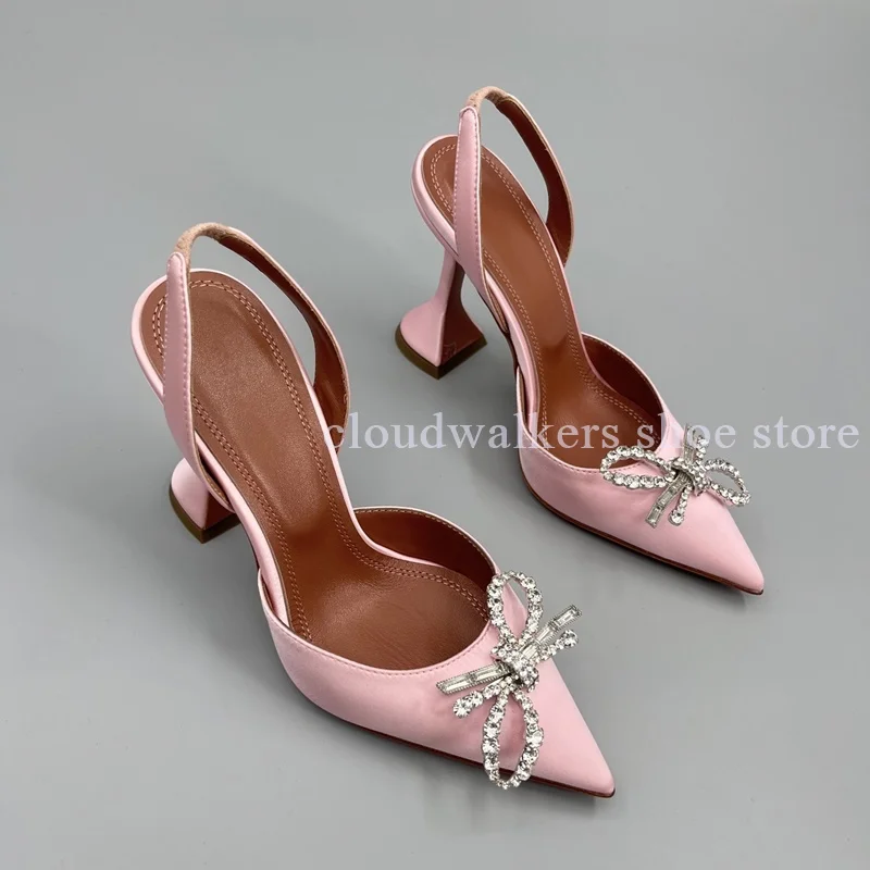 

Women's Silk Satin Sparkling Crystal Bow Decor Sandals Patent Leather Point Toe Slingback Cup Heel Wedding Reception Dress Pumps