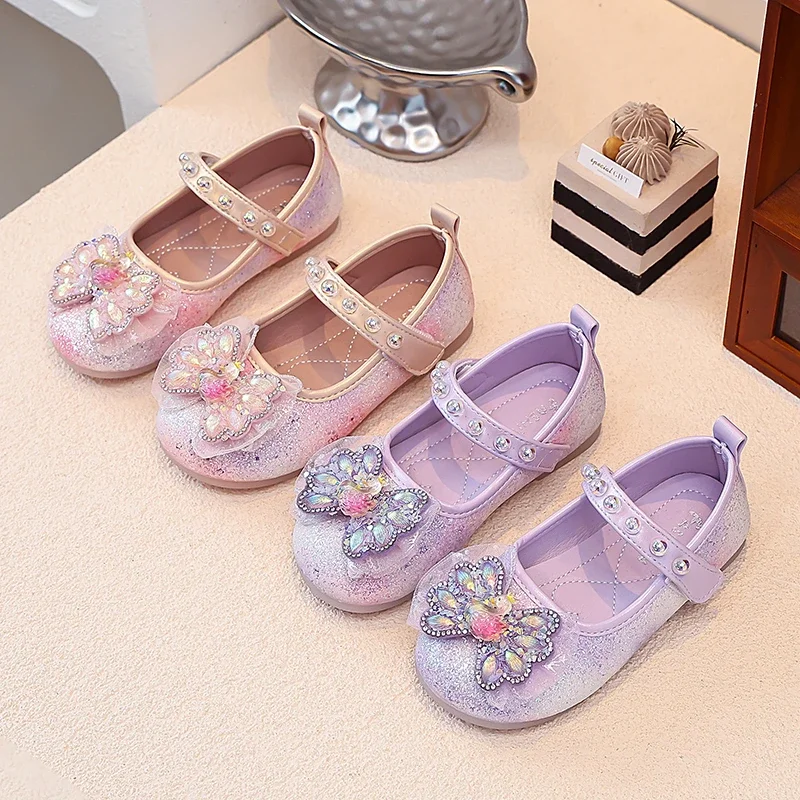 Girls Mary Jane Princess Flats, Toddler Glitter Gradient Dress Shoes Rhinestone Butterfly, Sparkly Party Wedding Shoes Girls