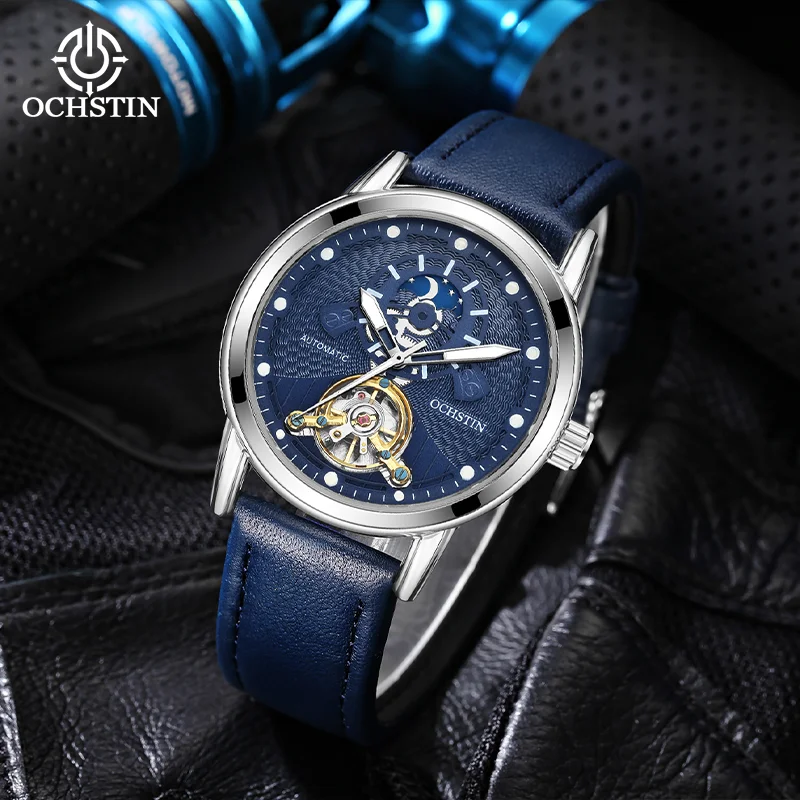 

OCHSTIN мужские классические часы с кожаным ремешком, мужские часы со скелетонизированным механизмом, роскошные часы с летающим турбийоном, шедевр