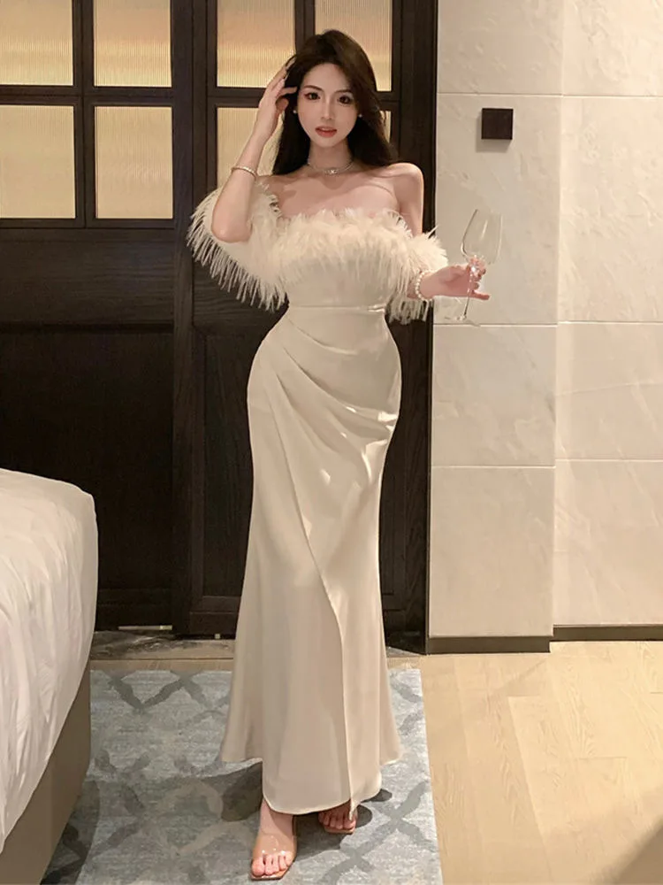 One-shoulder evening dress for women in autumn, high-end skirt with waist and temperament, banquet toast, fishtail long skirt