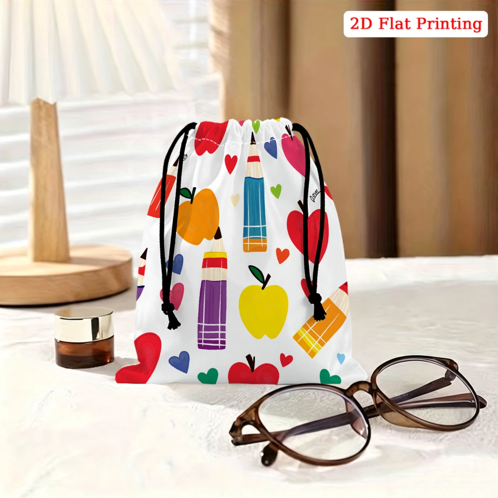1pc Cartoon Style Drawstring Bag White Colorful Hearts Apples Pencils Pattern Storage Small Pouch For School Supplies Cosmetics