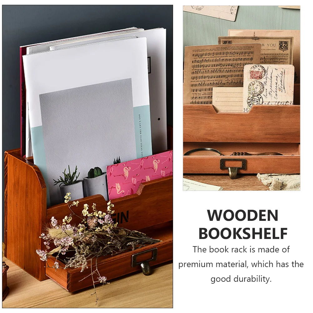 

1pc Storage Rack Desktop Organizer Multiple Compartments Wooden Bookshelf Document Holder Tabletop Storage Shelf Sundries