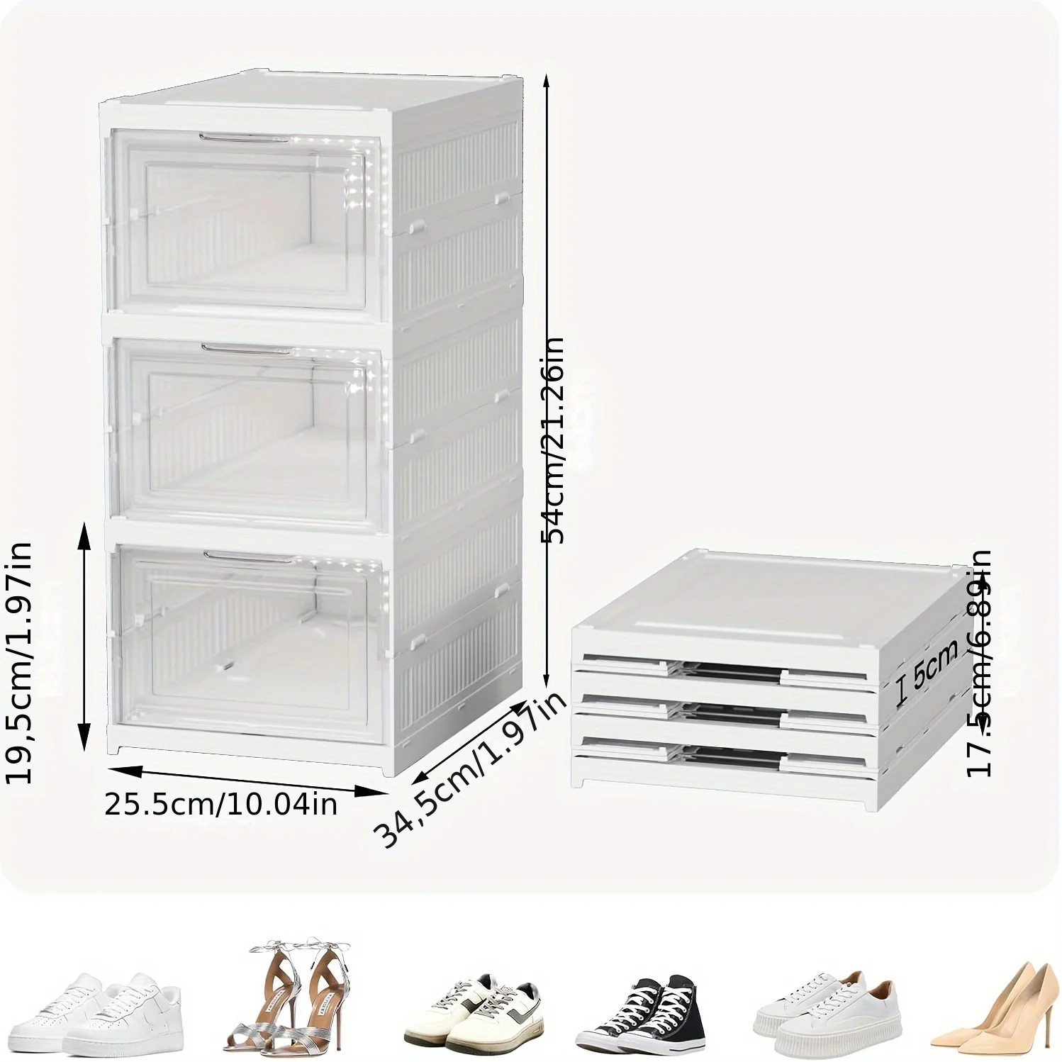 3-lagige, faltbare Schuhbox, platzsparend, robust und langlebig, staubdicht, einfach zu montieren, perfekt für Schlafzimmer oder Eingangsbereiche.