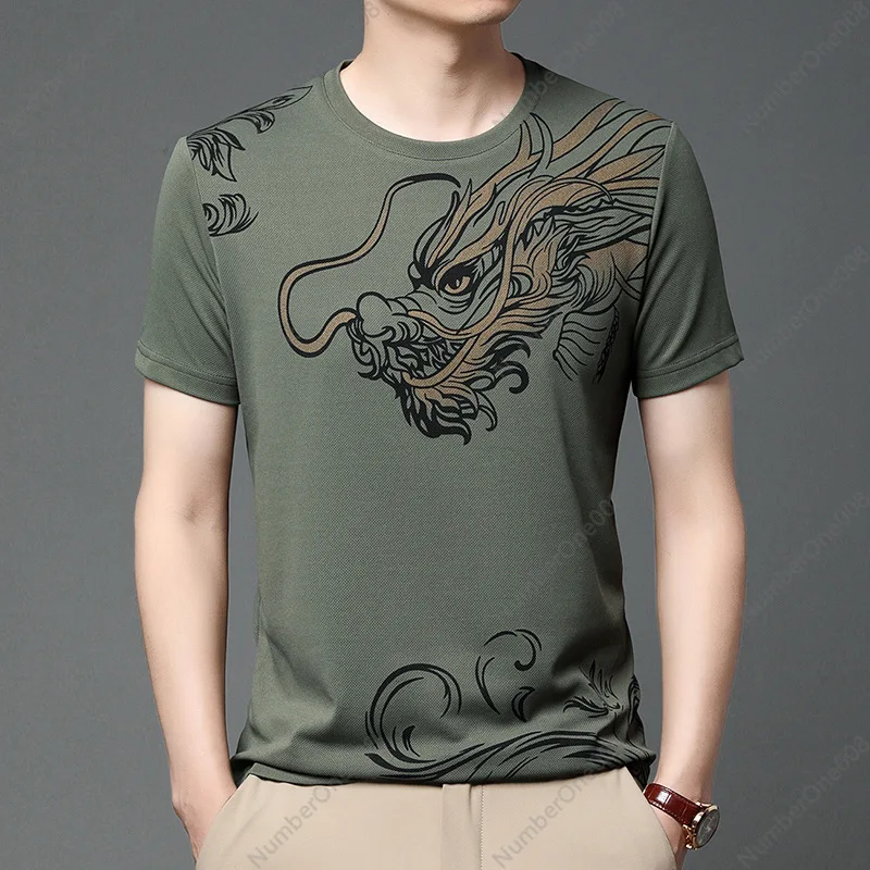 Summer New Short-sleeved Men's Trend Round Neck Printed Middle-aged and Young Casual Top Men's Fashion Dragon T-shirt Men's