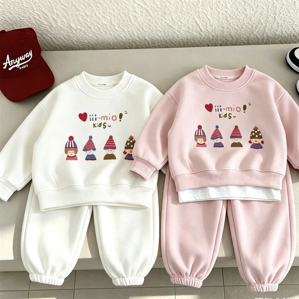 Girls Costume Printing Hoodies Pink White Two Piece Set Crewneck Pullovers+Pants Outfits For Small Child Spring Autumn Wear