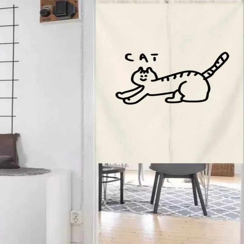 VIKAMA Minimalist Cat Print Semi-Door Curtain, a Curtain Without Holes For Partitioning, a Privacy Curtain For The Bathroom