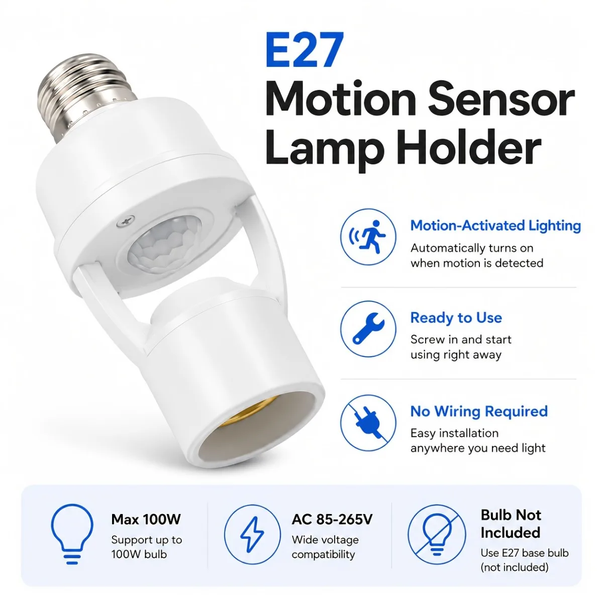 E27 PIR motion sensor lamp socket adapter, adjustable 16S/32S/220S automatic shutdown timer and day night mode function
