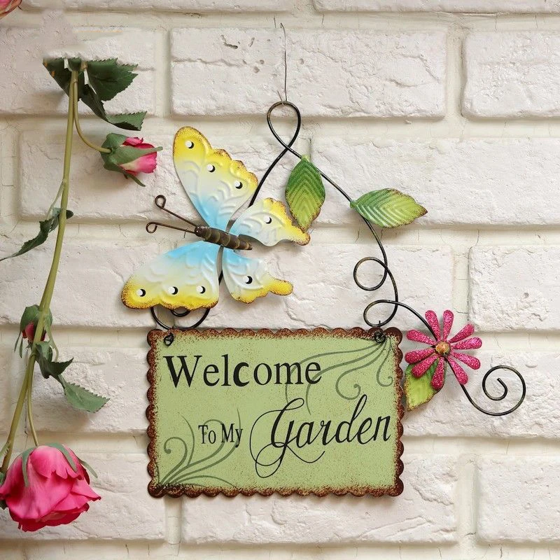 American Wrought Iron Painted Butterfly Flower Welcome Card Pendant Crafts Courtyard Villa Furnishing Garden Balcony Decoration