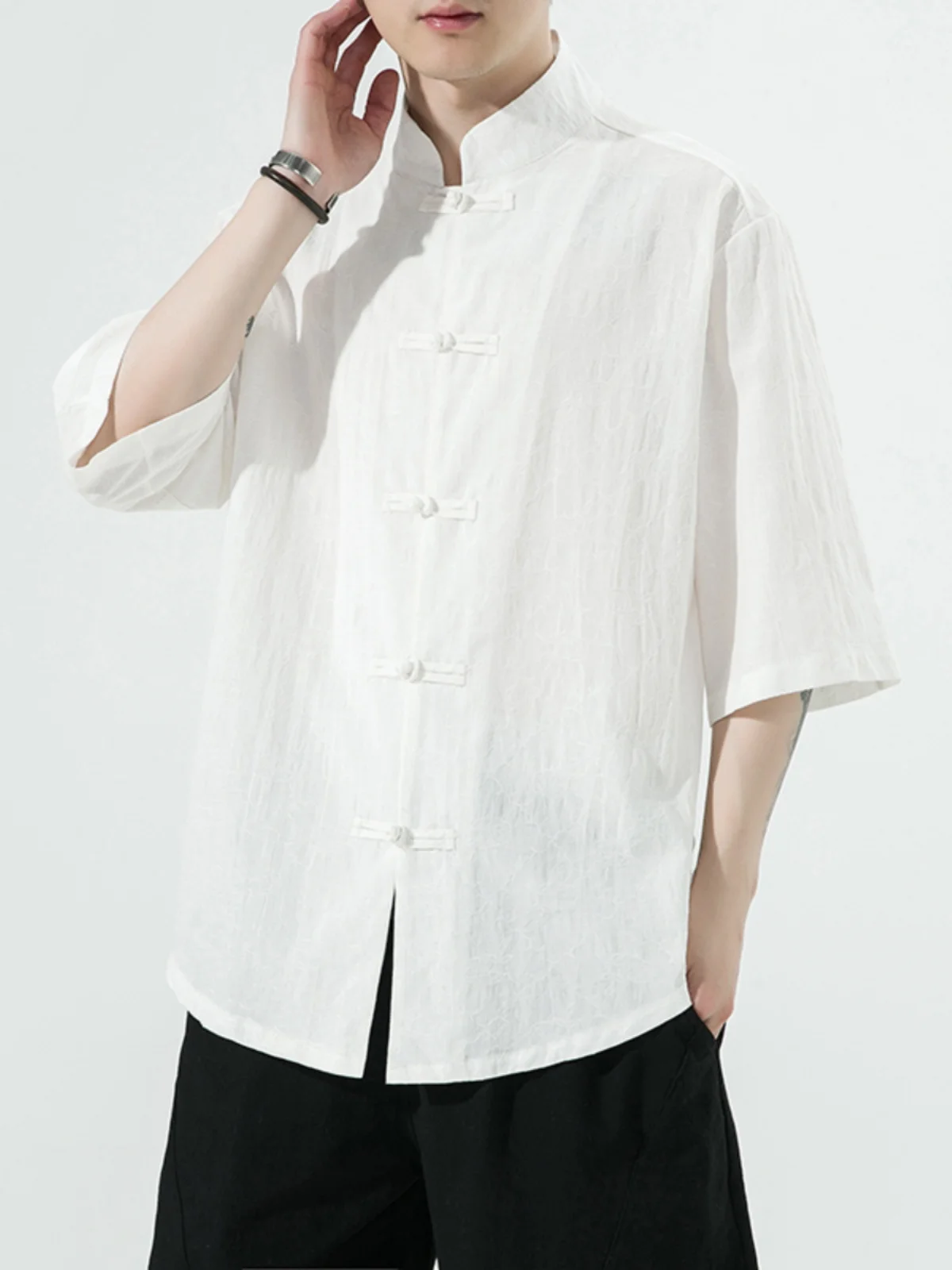 

Loose Fit Cotton Linen ort Sve irt Men's Summer New Chinese Sle Five Sve Cotton Linen irt Youth Faion Trend