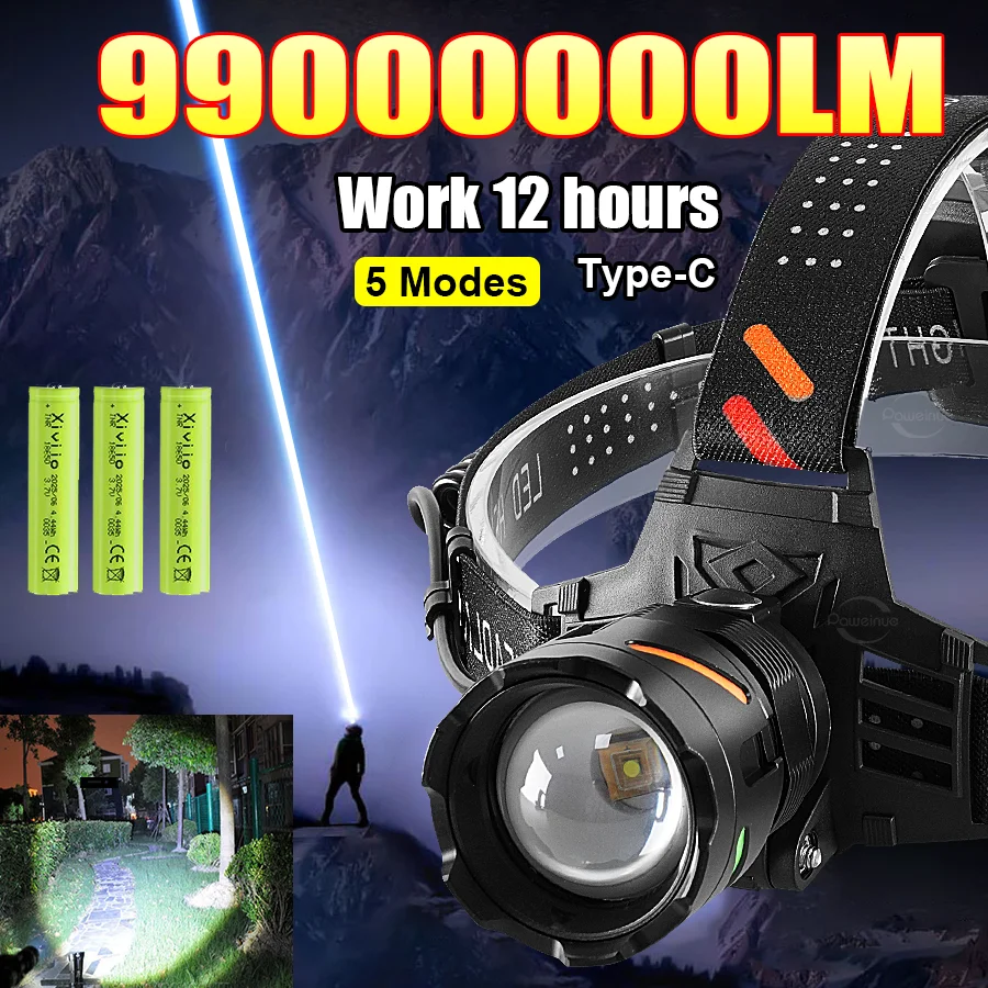 

NEW 99000000LM Hight Power LED Headlight Super Bright Long Range 4500M Head Flashlight Rechargeable Head Lantern Fishing Hunting
