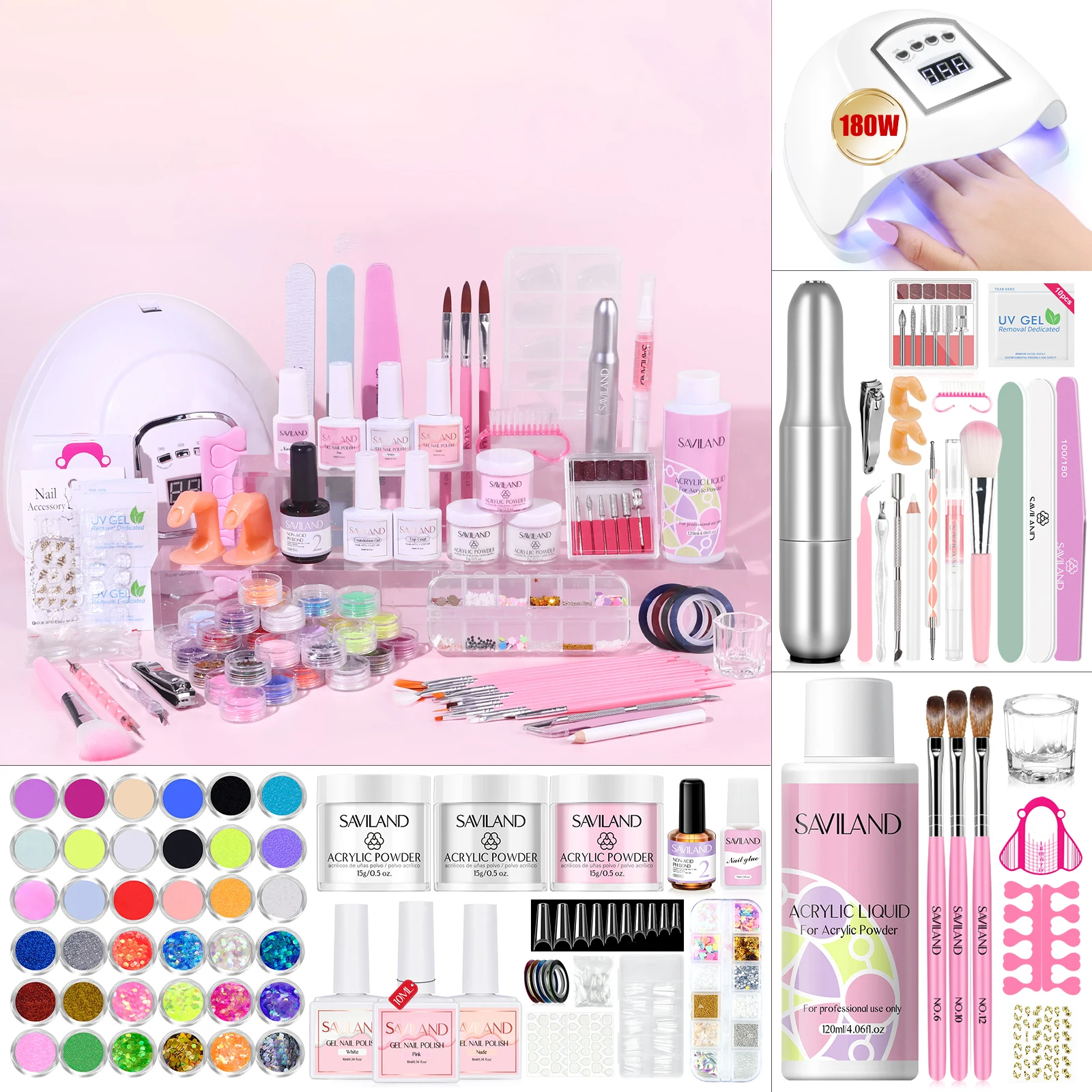 Saviland Beginner Nail Kit Complete Set with Keratin Acrylic Powder 180W UV Lamp Nail Drill Everything for Home DIY Starters