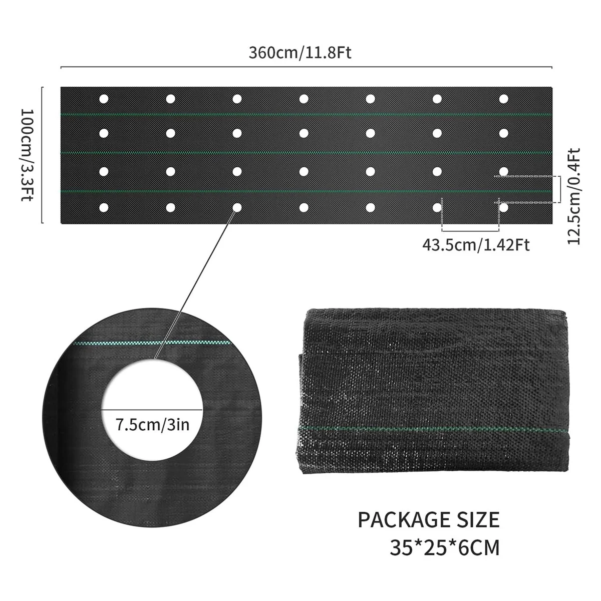 Weed Barrier Landscape Fabric with 3 Inch Planting Holes,Weed Barrier Fabric 3.3 Ft X 11.8 Ft Weed Block Gardening Mat