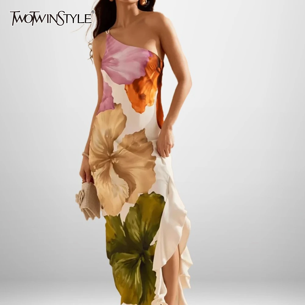 TWOTWINSTYLE Sexy Boho Printing Dress for Women Diagonal Collar Slimming Spliced Ruffles Edge Midi Dresses Female Fashion Style